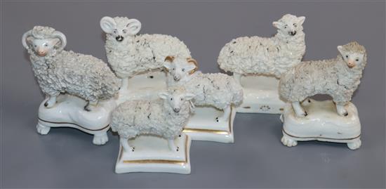 Three pairs of Staffordshire porcelain figures of a ram and ewe, c.1830-50, H. 6.3cm - 9cm